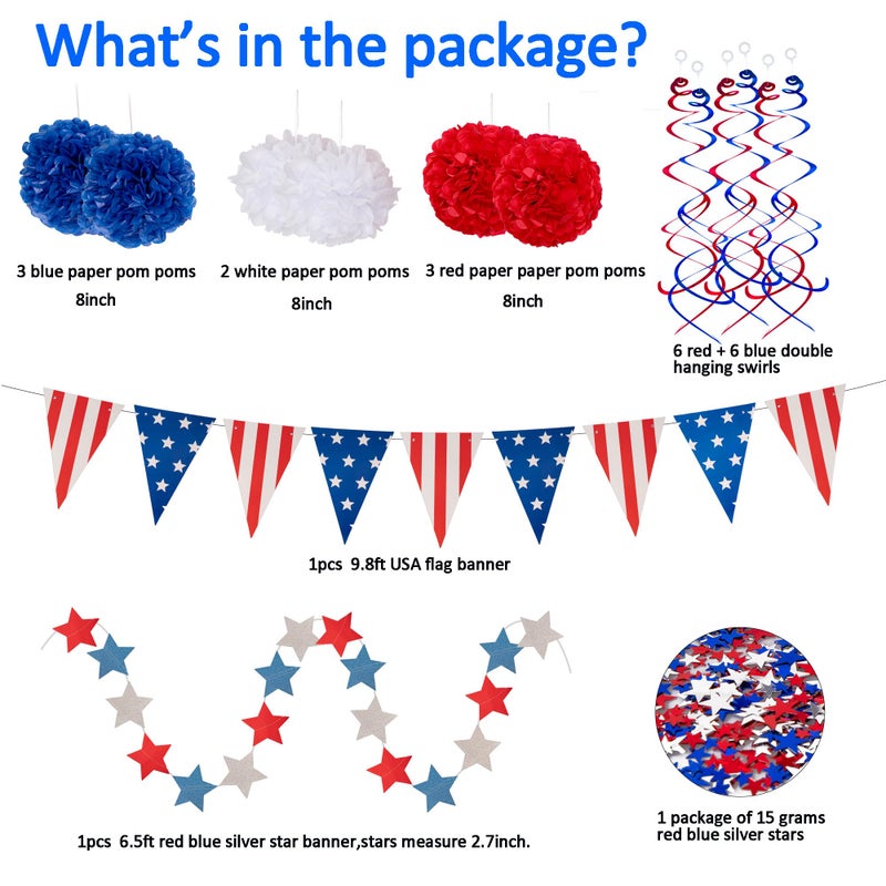 jollylife 29PCS 4th/Fourth of July Patriotic Decorations Set - Red White Blue Paper Fans,USA Flag Pennant,Star Streamer,Pom Poms,Hanging Swirls Party Decor Supplies - Image 4
